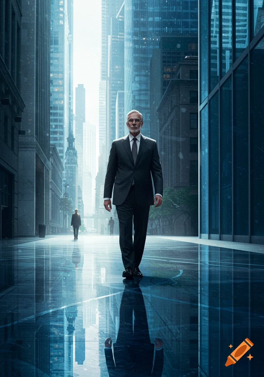 A man in a suit walks confidently down a futuristic city street with towering buildings, reflected on the gleaming ground.