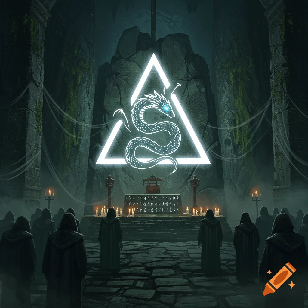 A dark cult worships a glowing white triangle with a dragon symbol inside in a massive, ancient temple.