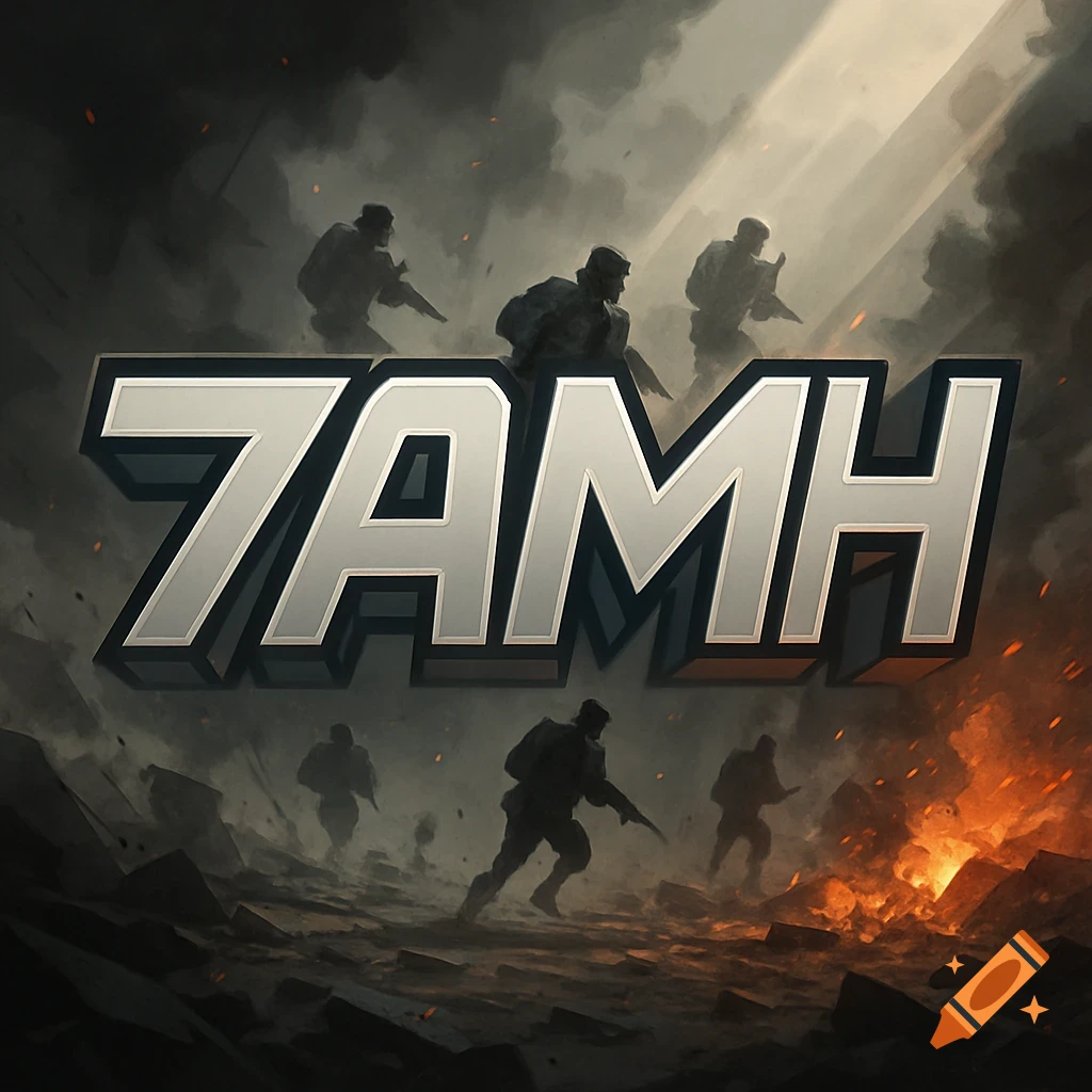 3D text '7AMH' over silhouetted soldiers in a smoky, war-torn landscape with explosions, in a dark, stylized art style.