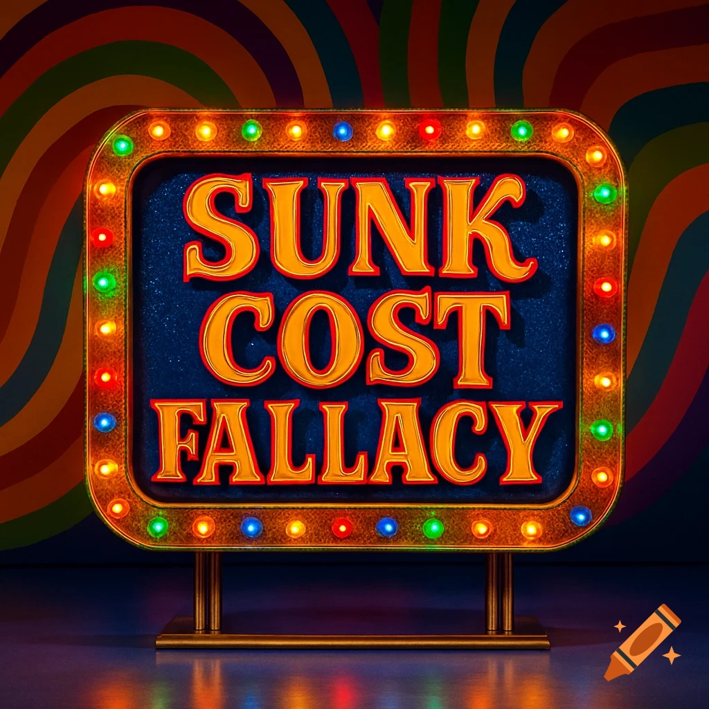 A retro game show sign with "Sunk Cost Fallacy" in orange letters, framed by blinking colorful lights, against a psychedelic background.