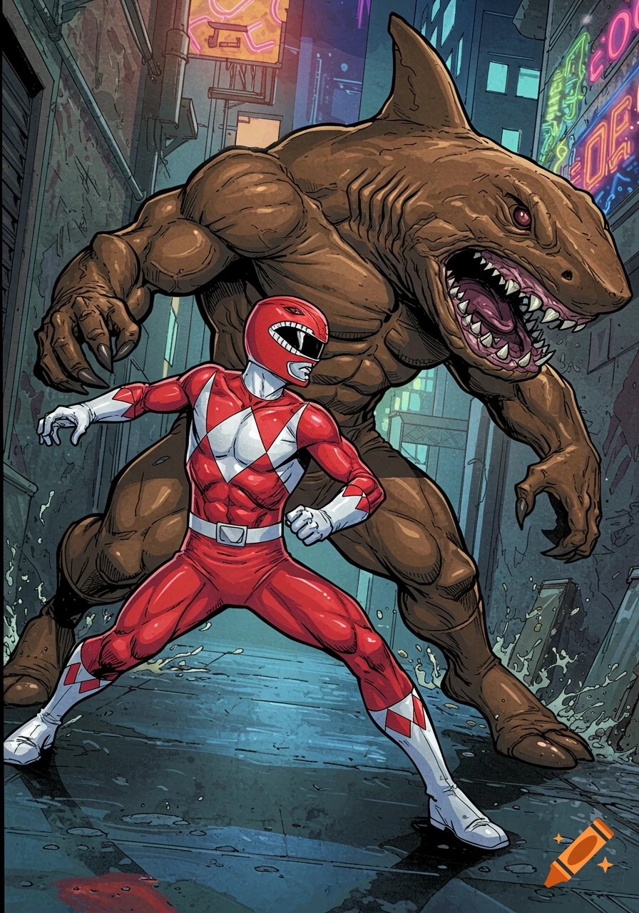 Red Power Ranger faces a brown shark monster in a grungy alley, comic book style.