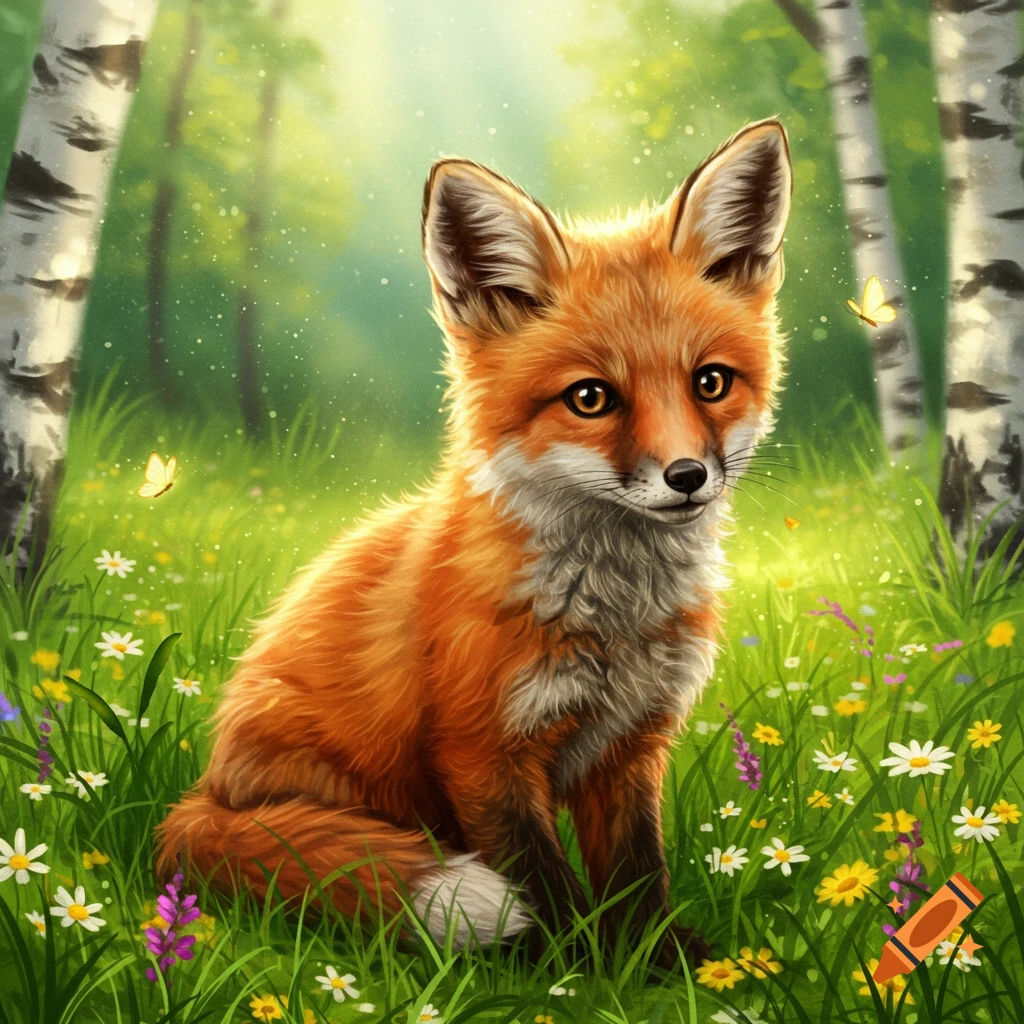 A cute orange fox sits in a vibrant meadow with wildflowers and two yellow butterflies, birch trees in background.
