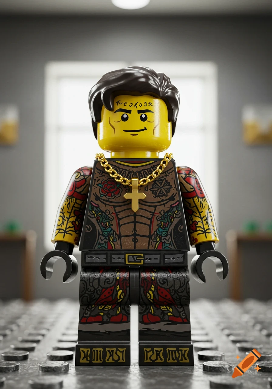 A highly detailed Lego figure with dark hair, a gold chain with a cross, and full-body tattoos, standing on a Lego baseplate.