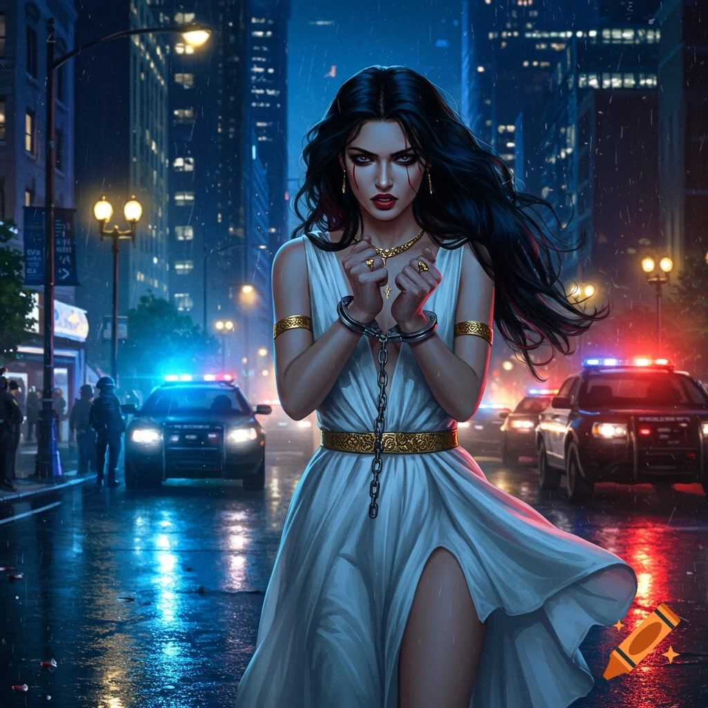 Digital painting of an angry woman in a white dress, handcuffed on a rainy city street at night with police cars.