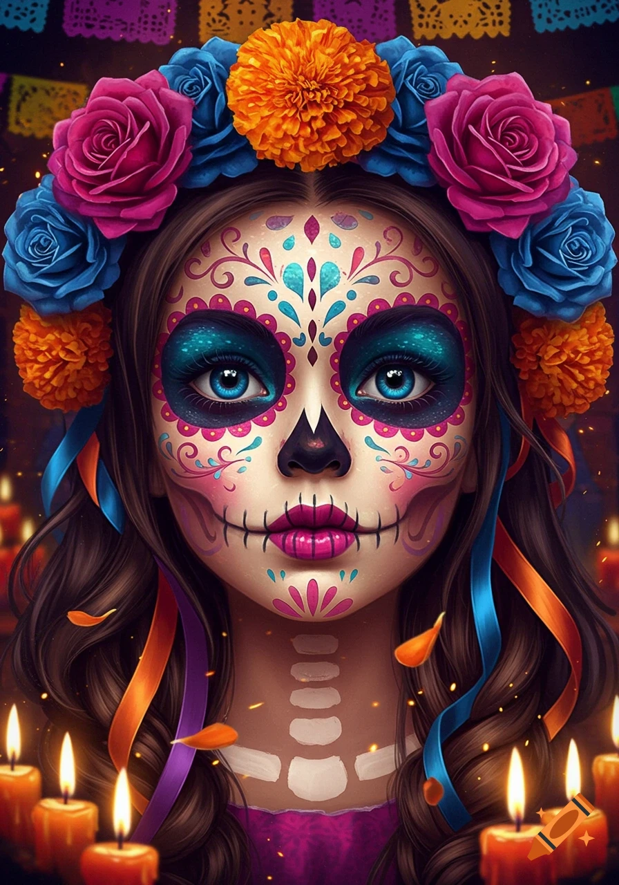 Stylized portrait of a girl with colorful Day of the Dead skull makeup, floral crown, blue eyes, ribbons, and glowing candles.