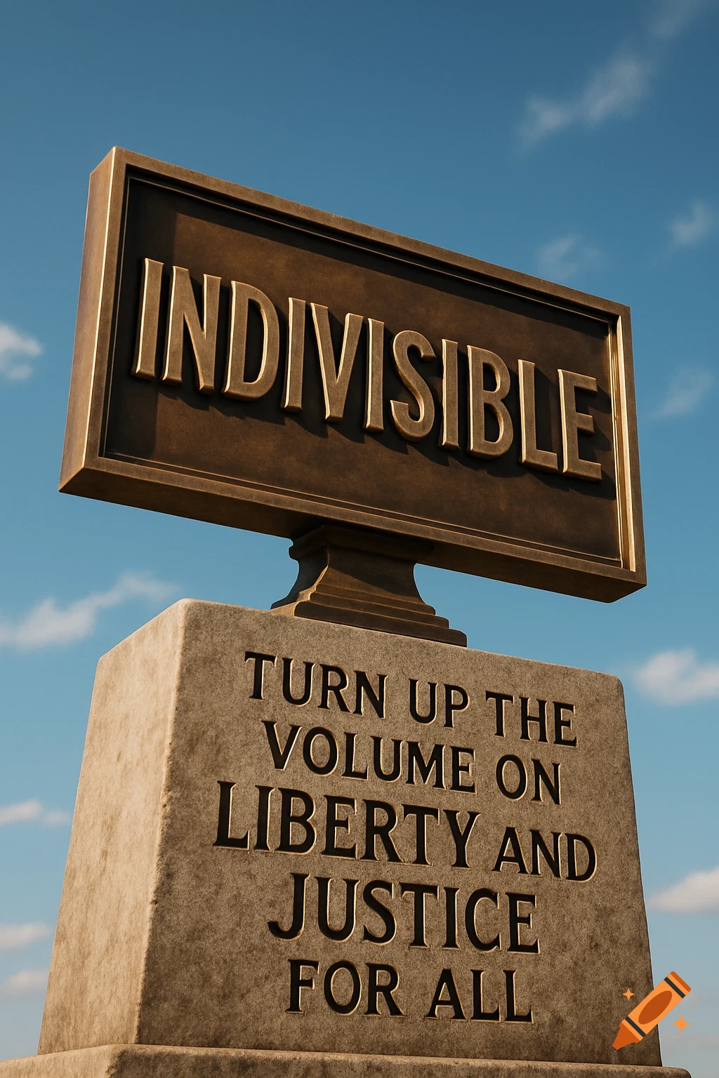 A bronze sign reading 'INDIVISIBLE' atop a stone base engraved with 'Turn Up The Volume On LIBERTY and JUSTICE FOR ALL' against a blue sky.