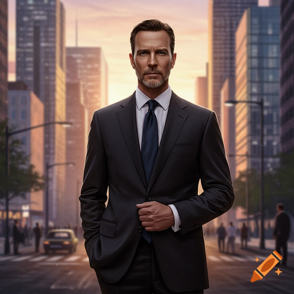 A serious-looking man in a dark suit and tie stands in a city street with blurred buildings at sunset.
