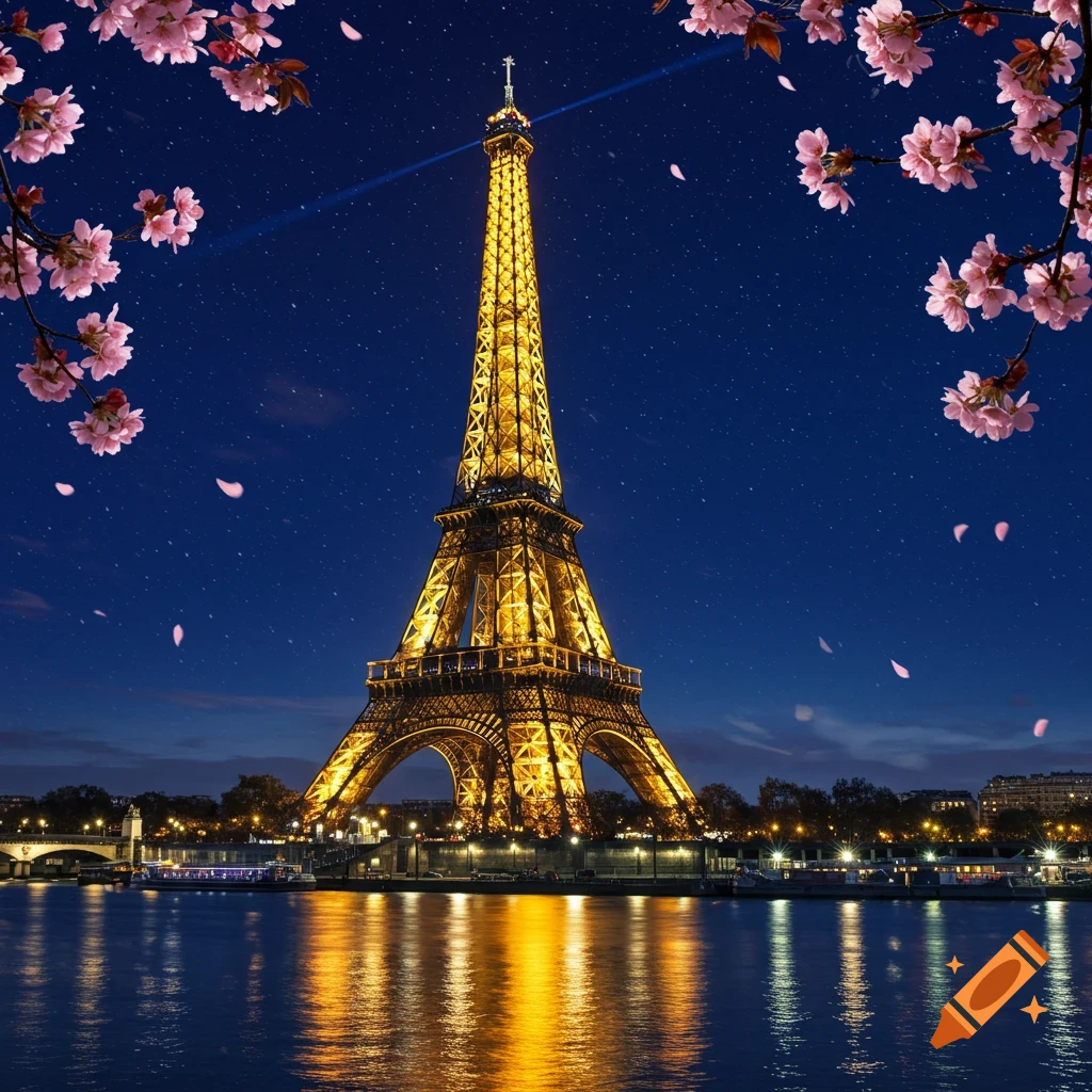 Illuminated Eiffel Tower at night, framed by pink cherry blossoms, with its reflection in the Seine River. Photorealistic.