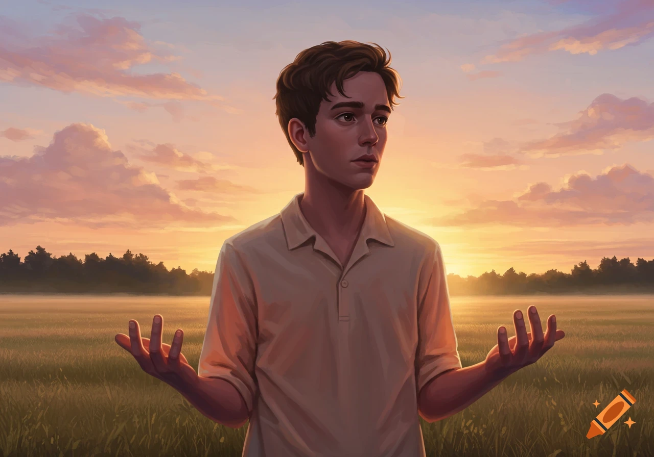 A young man with brown hair and a light shirt stands in a field at sunset, hands open, looking off to the side. The sky is filled with orange and pink clouds, and the distant trees are silhouetted against the bright horizon.