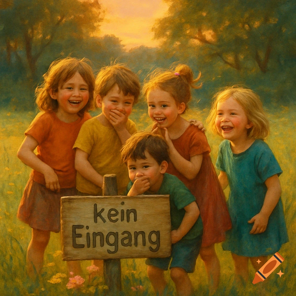 Five laughing children gathered around a 'no entrance' sign in a sunny, painterly meadow.