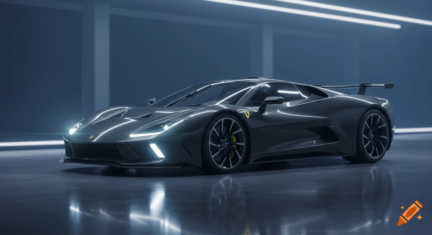 A sleek, dark grey photorealistic supercar with glowing headlights in a dim, modern showroom with a reflective floor.