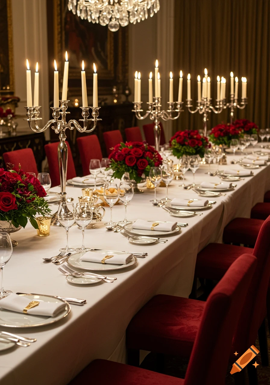 A long, elegant banquet table set with white tablecloths, red chairs, silver candelabras with lit candles, and red rose arrangements in a grand room.