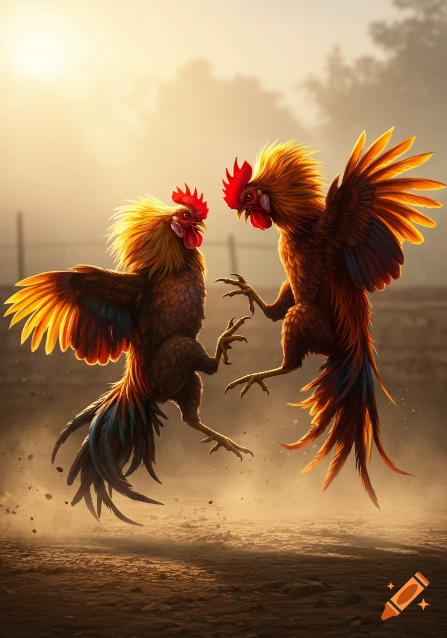 Two vibrant roosters with red combs and golden feathers leap and clash mid-air in a dusty setting.