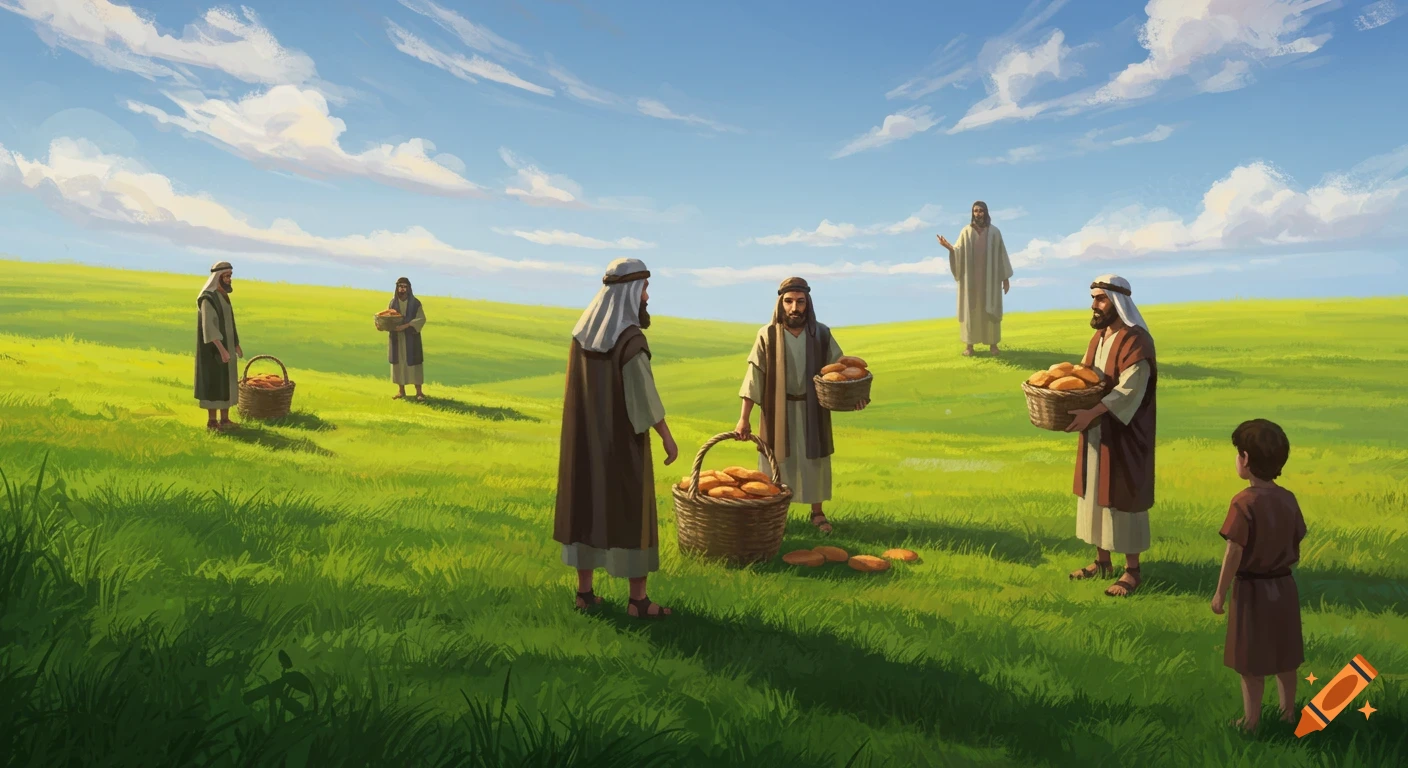 Illustrative painting of men in biblical attire carrying baskets of bread in a green, pastoral field under a blue sky, with a boy.