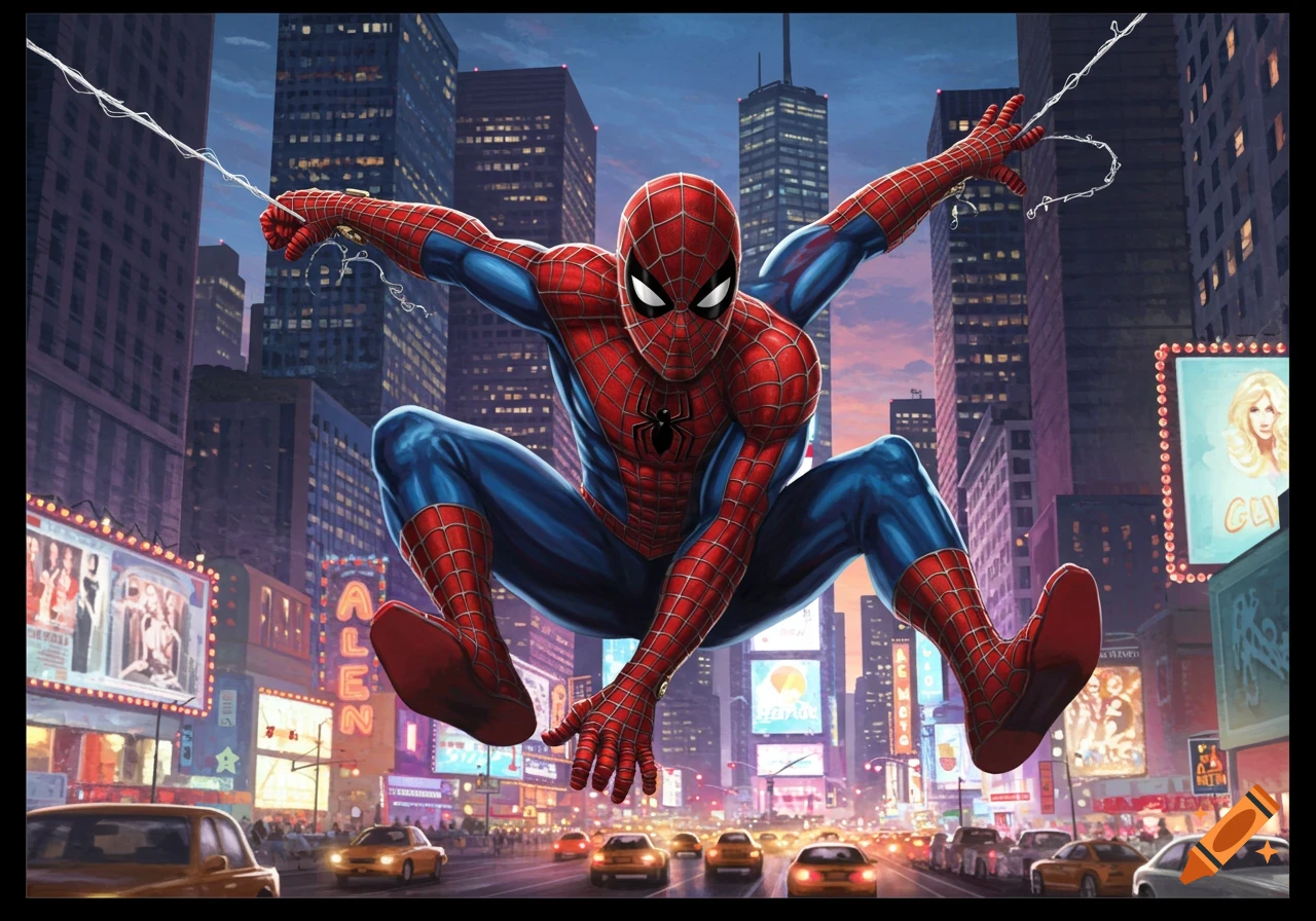 Spider-Man in his classic red and blue suit leaps over a busy city street at dusk, surrounded by illuminated skyscrapers and billboards.