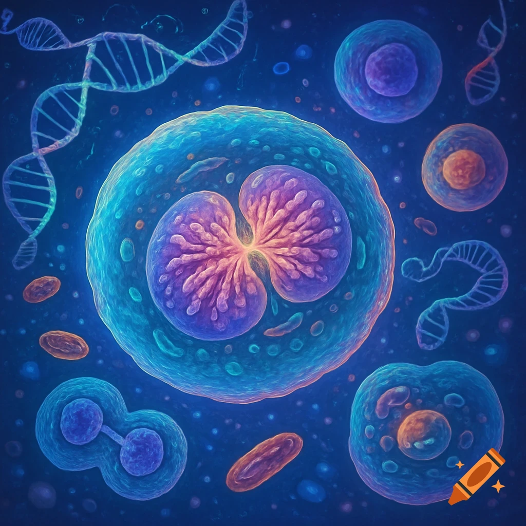 Vibrant, glowing microscopic cells, DNA strands, and dividing cells against a deep blue background, illustrating biological processes.