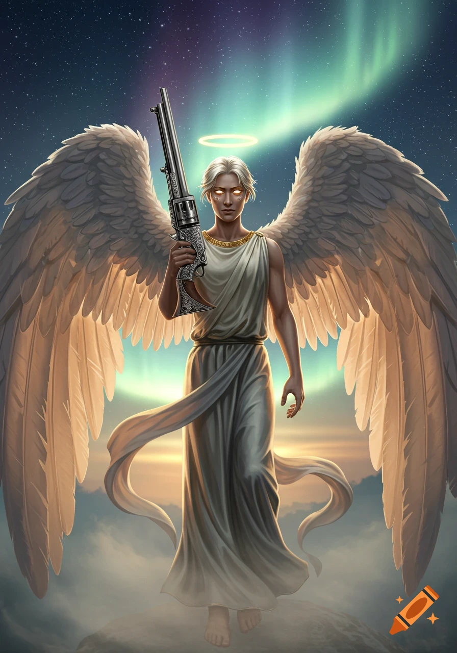 A majestic angel with white wings, a halo, and glowing eyes holds a large gun against a starry sky with aurora borealis.