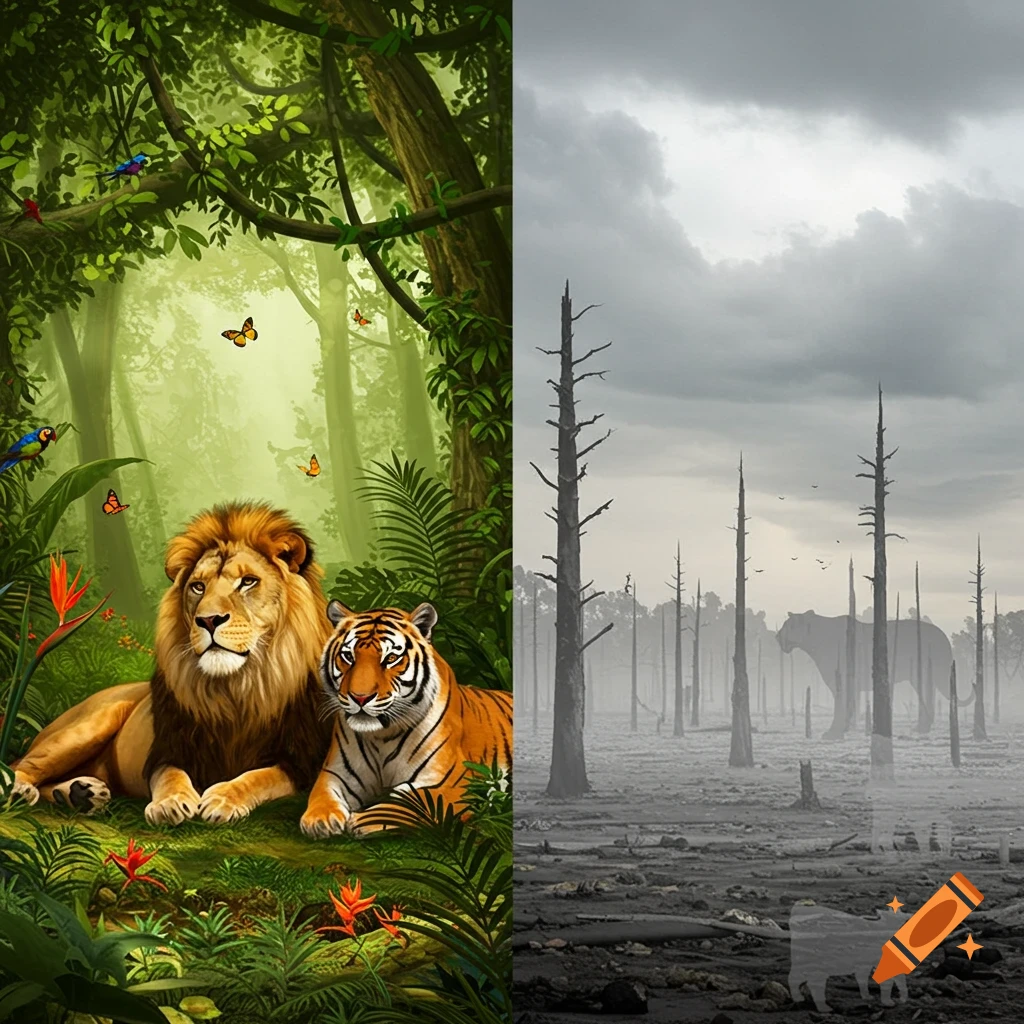 A side-by-side image. Left: lush jungle with a lion and tiger. Right: barren landscape with ghost-like extinct animals.