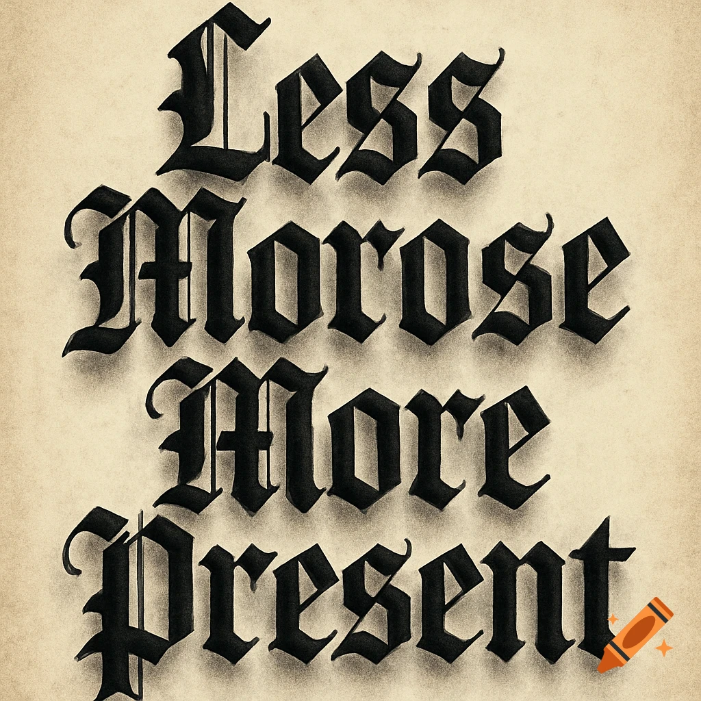 Black old English calligraphy spelling 'Less Morose More Present' on a textured beige background.