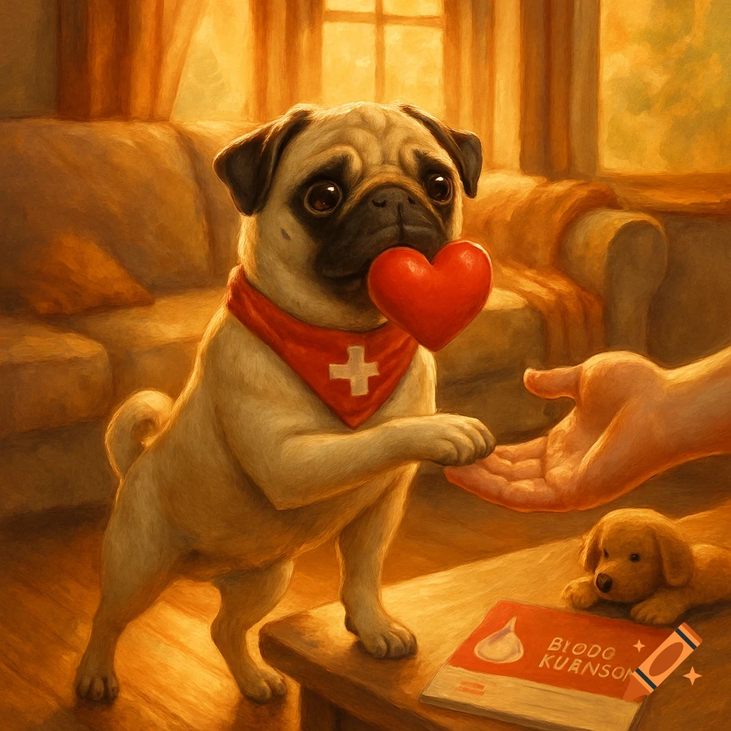 A cute pug dog in a red bandana offers a red heart to a human hand in a warm, painterly room.