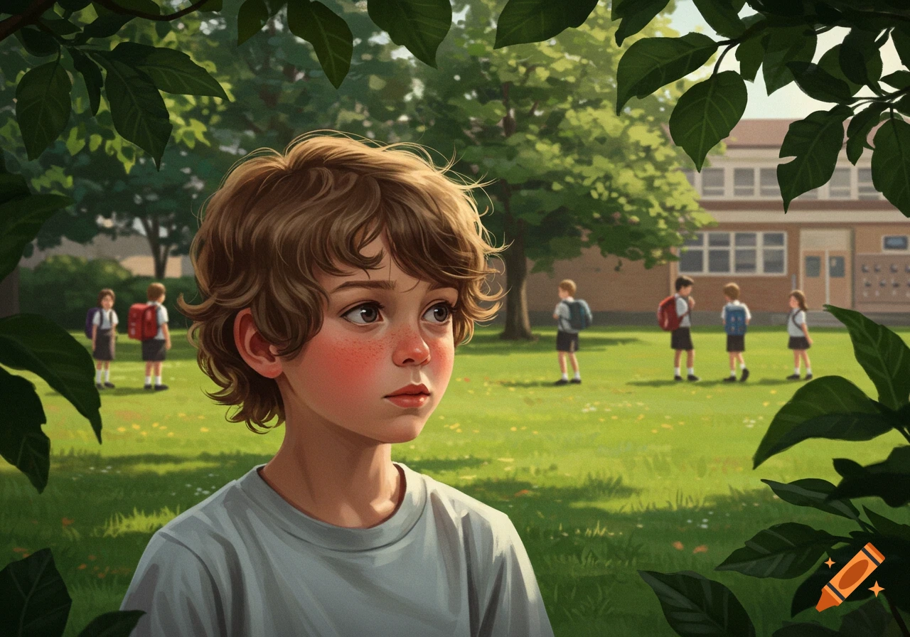 Digital illustration of a young boy with wavy brown hair and rosy cheeks looking contemplative on a school field with other children and a building in the background.