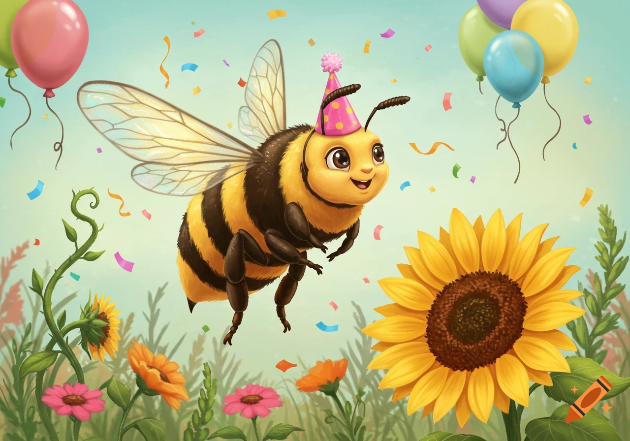 A happy cartoon bee wearing a party hat flies amidst colorful balloons, confetti, and blooming flowers in a field.