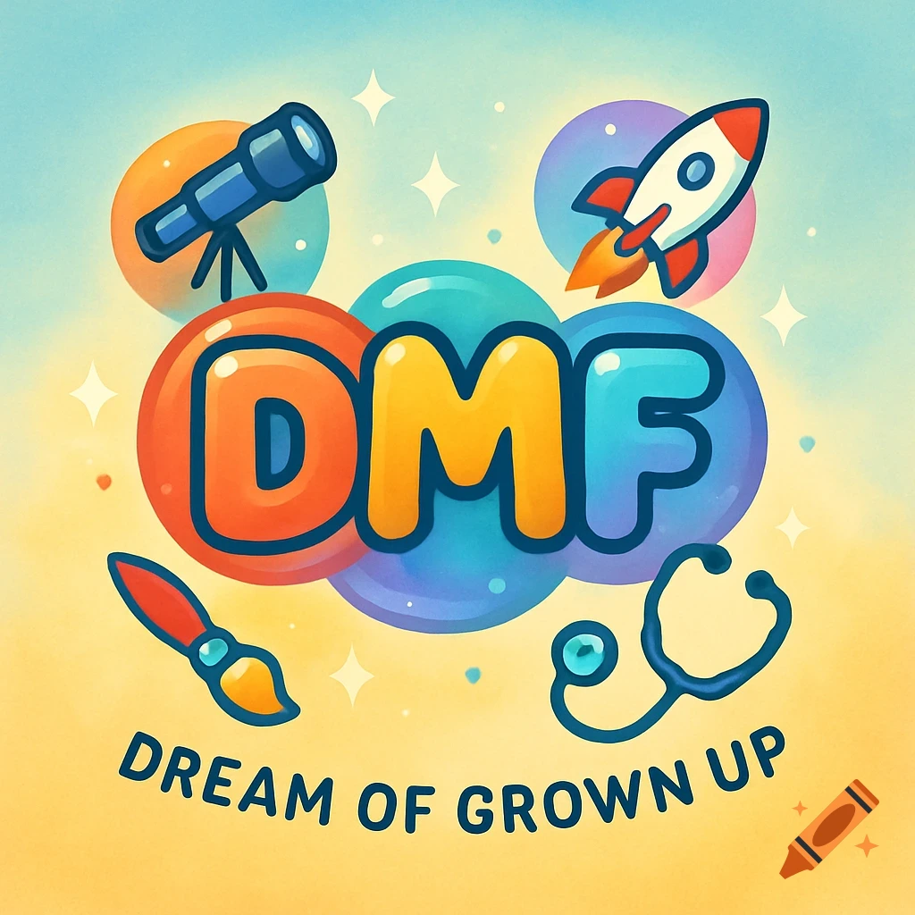 Cartoon logo with bubbly letters 'DMF', a telescope, rocket, paintbrush, and stethoscope, with the text 'DREAM OF GROWN UP'.