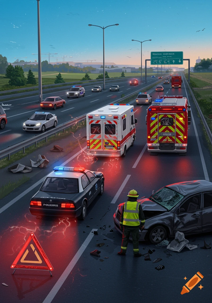 An overhead view of a multi-car accident on a highway, with police cars, an ambulance, and a fire truck at the scene. A person in a high-visibility vest stands near a wrecked car and a warning triangle in the foreground. Stylized.