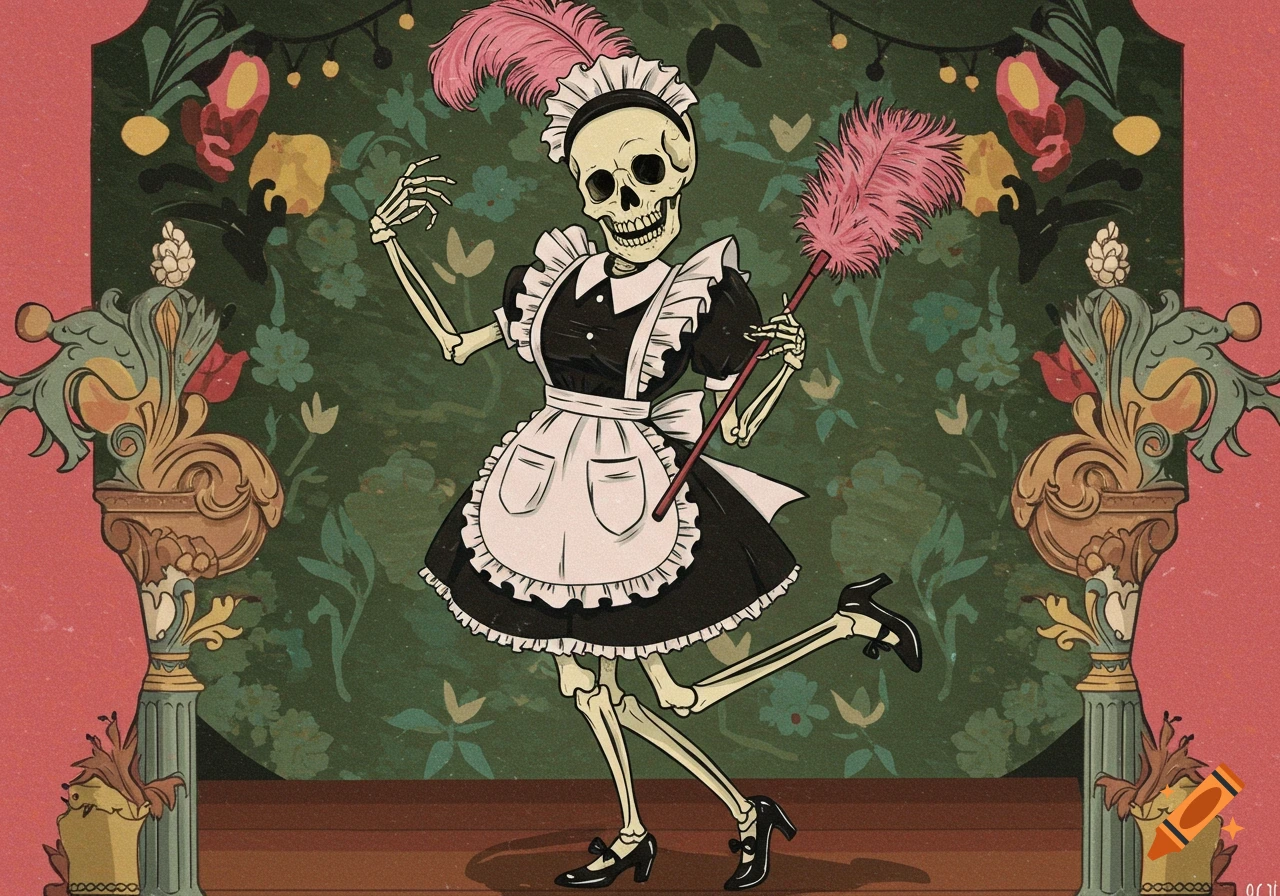 A dancing skeleton in a black and white maid outfit, holding a pink feather duster, against a dark green floral wallpaper background.
