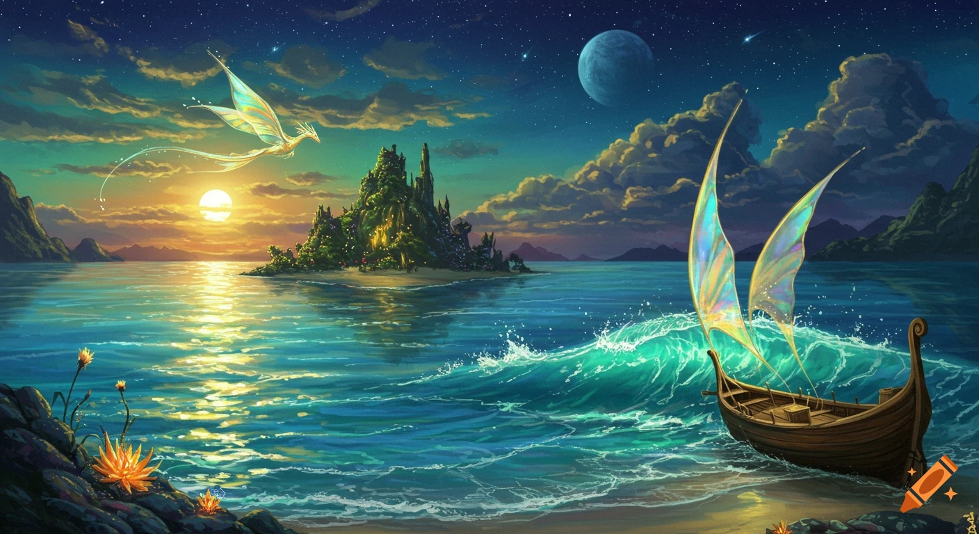 Vibrant fantasy illustration: a boat with glowing sails on a wavy ocean, a luminous island, a flying dragon, and a sun with a moon in a starry sky.