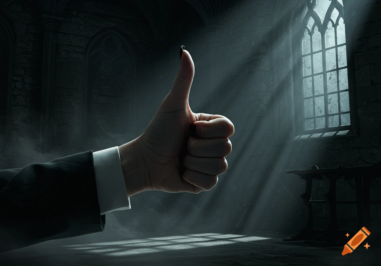 A realistic hand with black nails giving a thumbs-up in a dark, gothic room with cinematic light rays shining through a tall window.