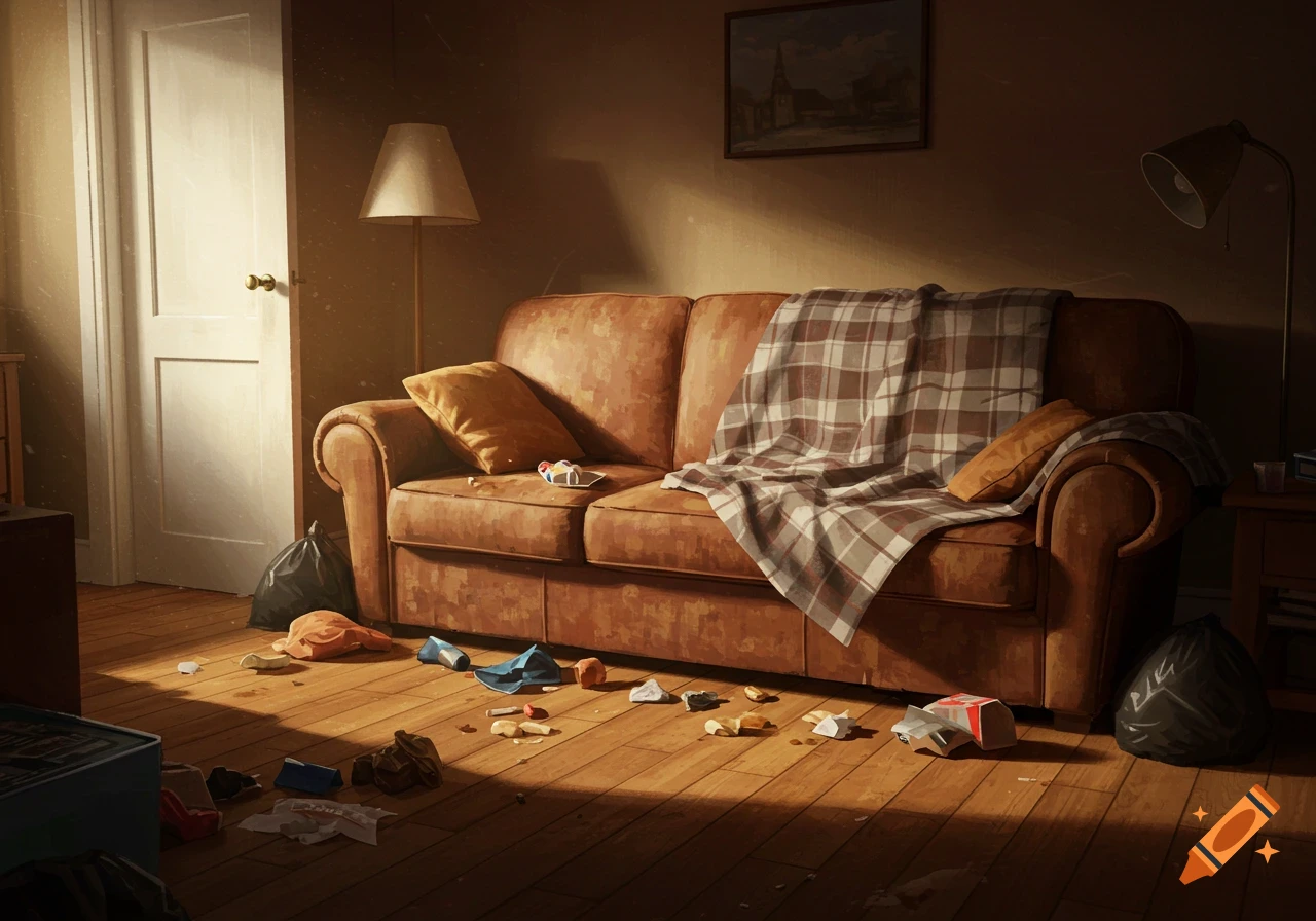 A messy lounge with a brown couch, a plaid blanket, a door to the left, and trash scattered on a wooden floor.