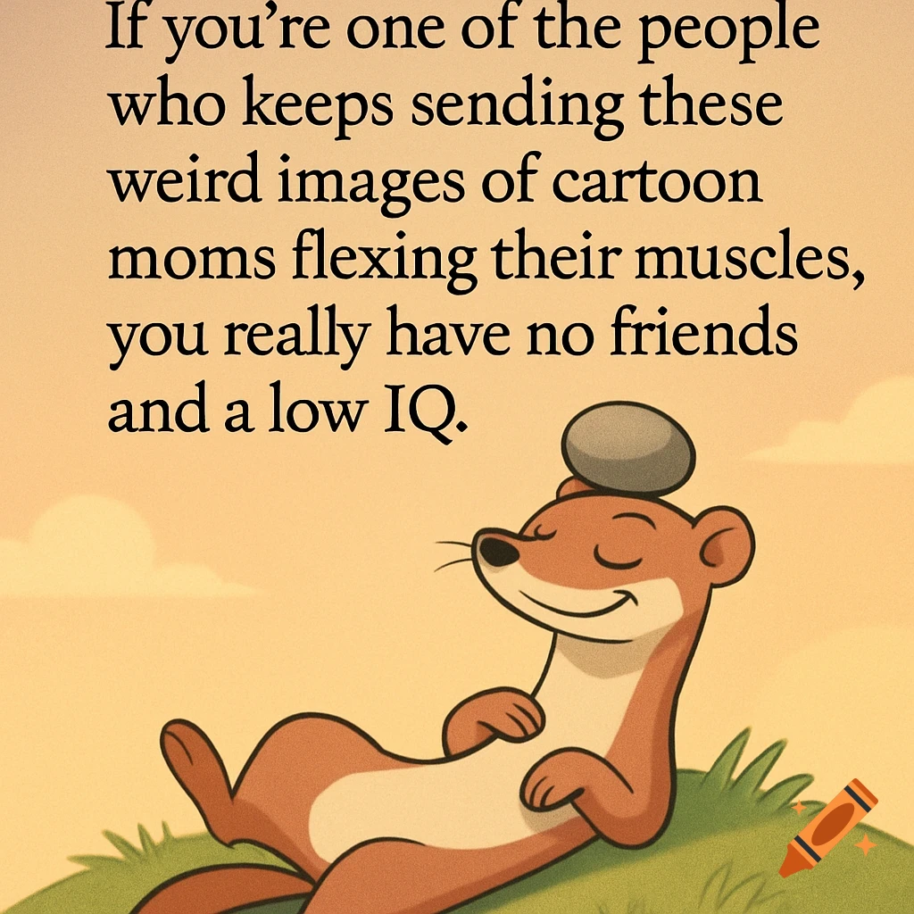 Cartoon weasel relaxes with a rock on its head, below a meme quote criticizing sending 'weird images of cartoon moms flexing muscles'.