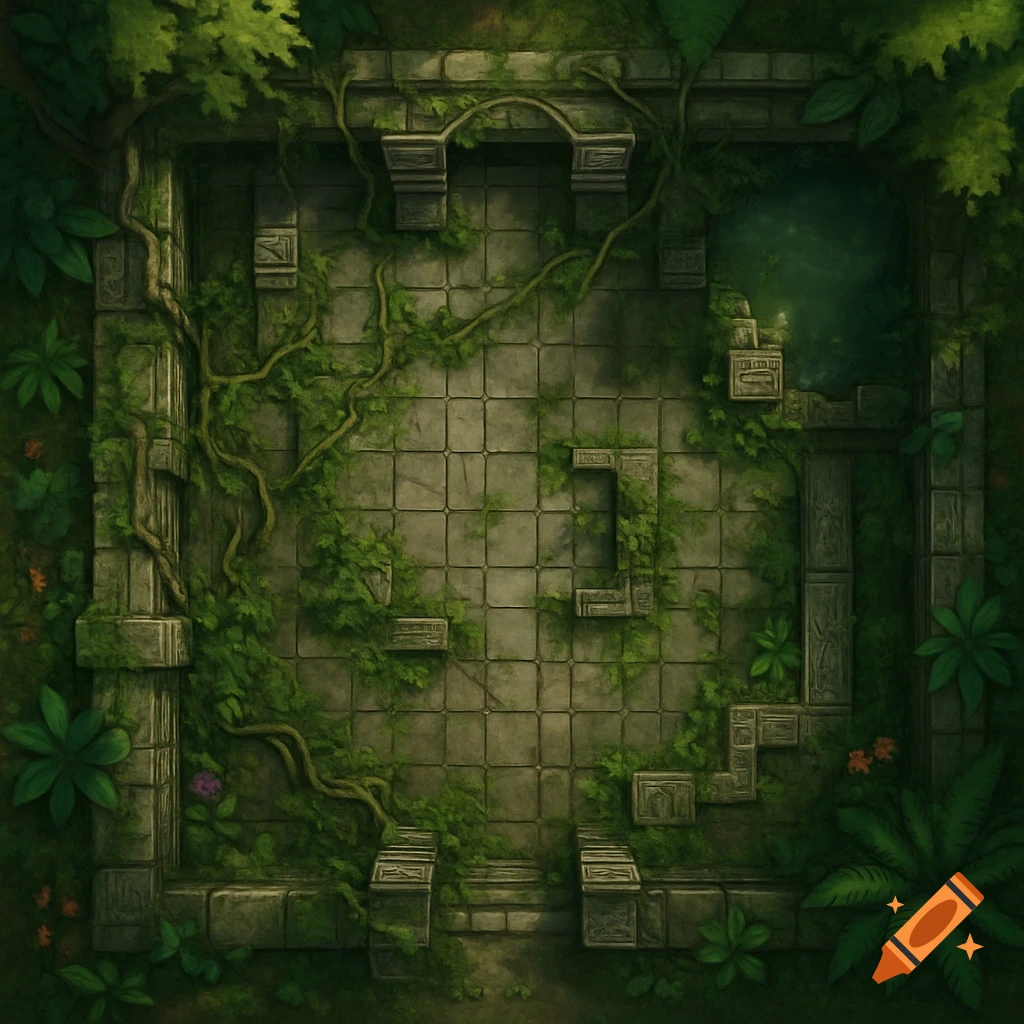 Top-down fantasy battlemap of ancient jungle ruins. Stone walls are covered in thick vines, with a section of pooled rainwater.