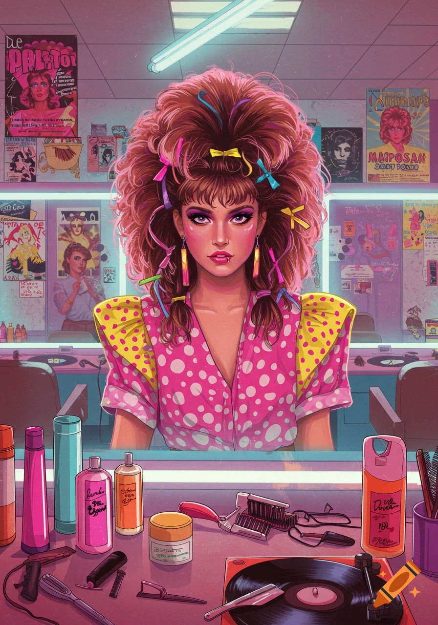 80s-style portrait of a woman with big curly hair and colorful bows, wearing a pink polka-dot shirt, in a retro hairdresser setting.