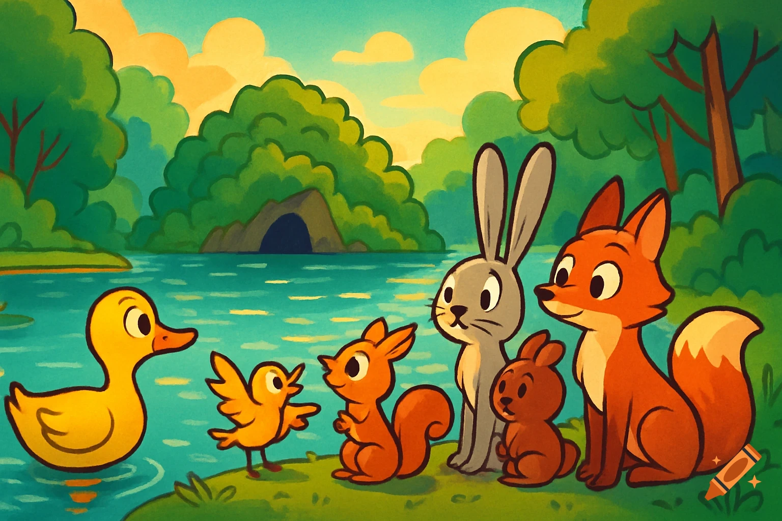 Cartoon animals: a duck, bird, squirrels, rabbit, and fox, gathered at the edge of a lake with a forest in the background.
