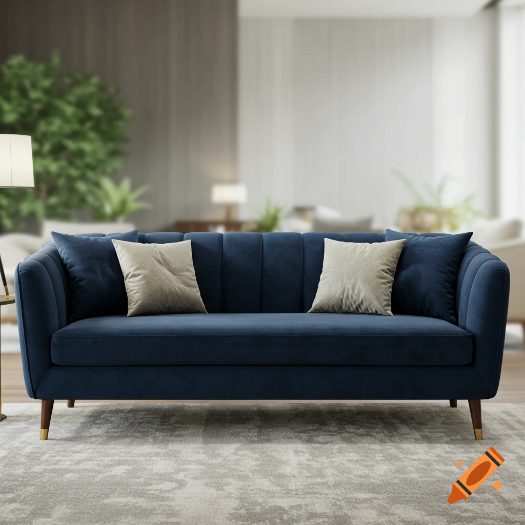 A photorealistic image of a navy blue channel-tufted sofa with throw pillows on a light rug in a blurred living room.