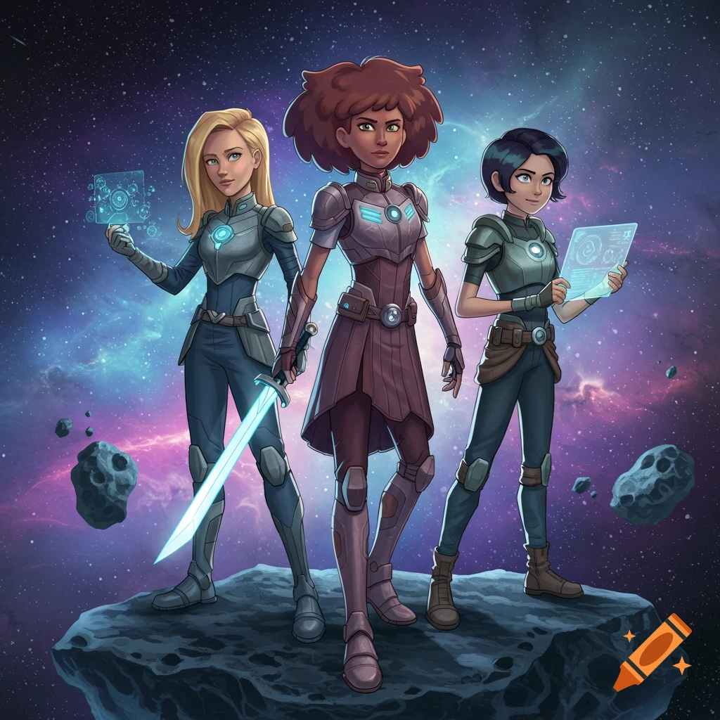Three animated female warriors in sci-fi armor stand on an asteroid in a cosmic background, with one holding a glowing sword.
