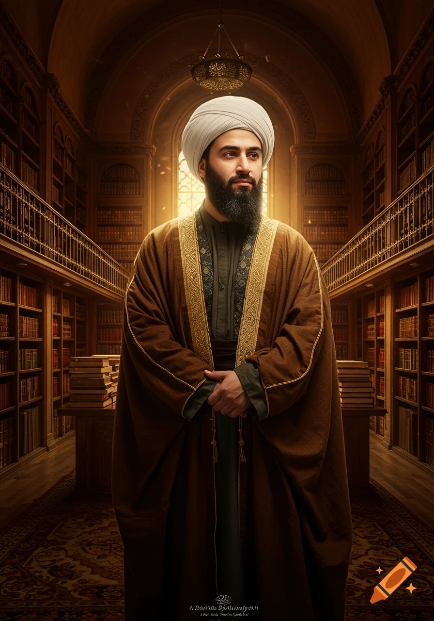 A man with a beard and turban in brown robes stands in a grand, ornate library, looking to the side. Sunlight streams through a window.