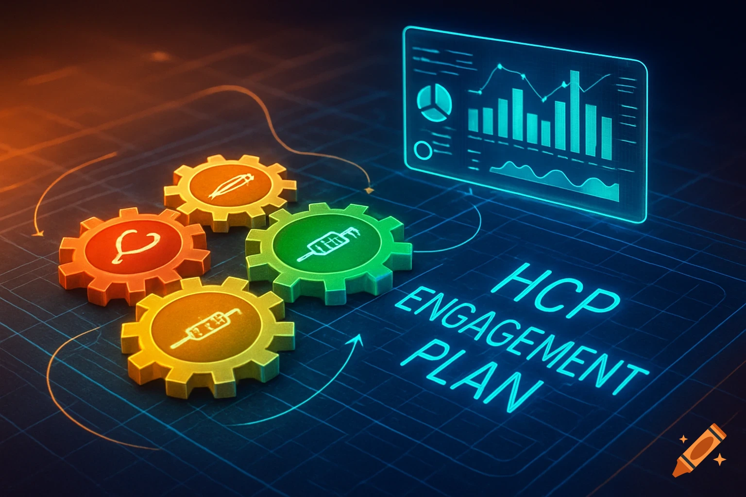 Four colorful gears with medical icons and a digital dashboard displaying graphs and 'HCP ENGAGEMENT PLAN' on a glowing blue grid.