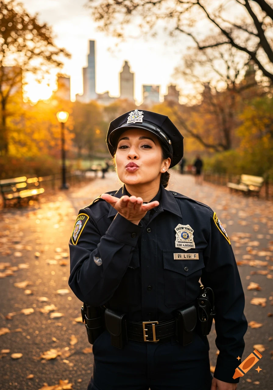 Photorealistic image of a female police officer in uniform blowing a kiss in Central Park during autumn with a city skyline in the background.