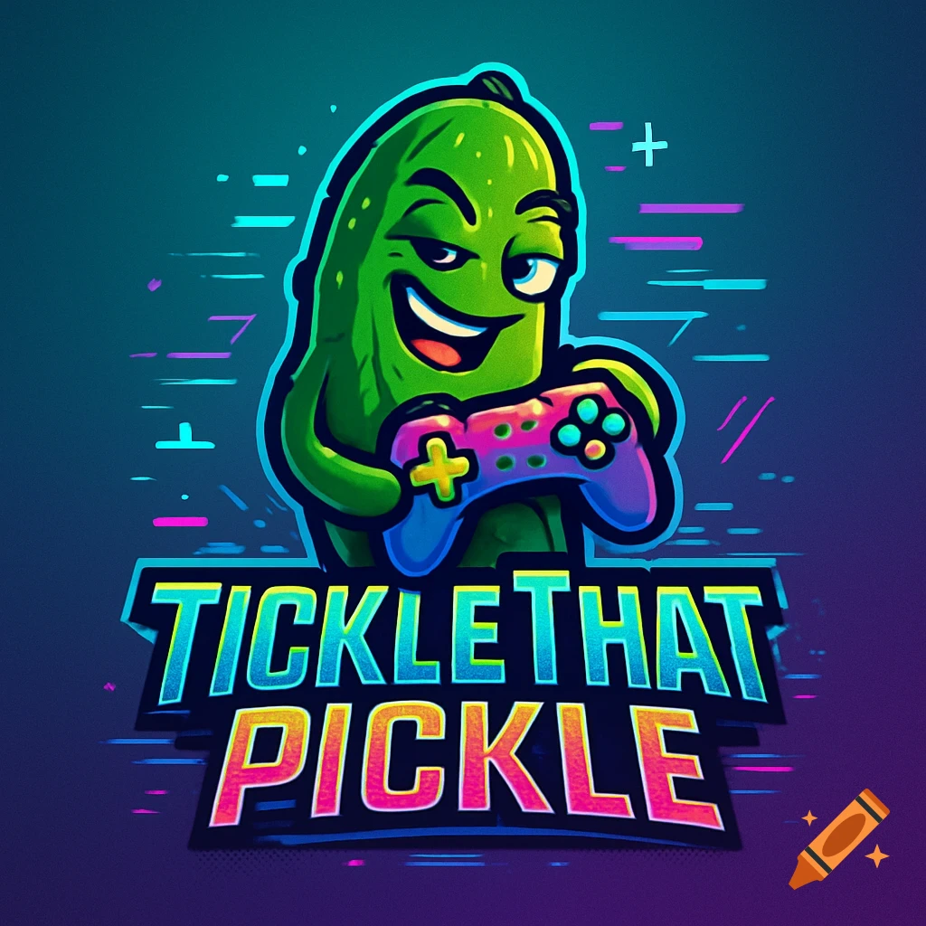 Cartoon pickle character with a mischievous smile holding a colorful game controller, above 'TICKLE THAT PICKLE' text, in a vibrant gaming logo style.