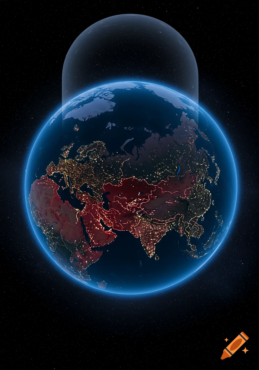 Earth at night from space with city lights, showing Eurasia and Russia highlighted in red, surrounded by a blue glow, under a transparent dome.