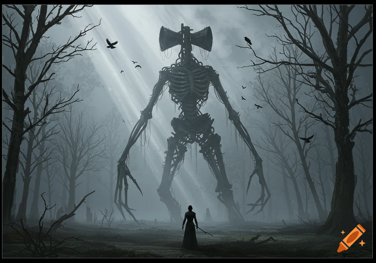 A giant, skeletal Siren Head monster with megaphones for a head towers over a lone human in a misty, barren forest. Dark illustration.