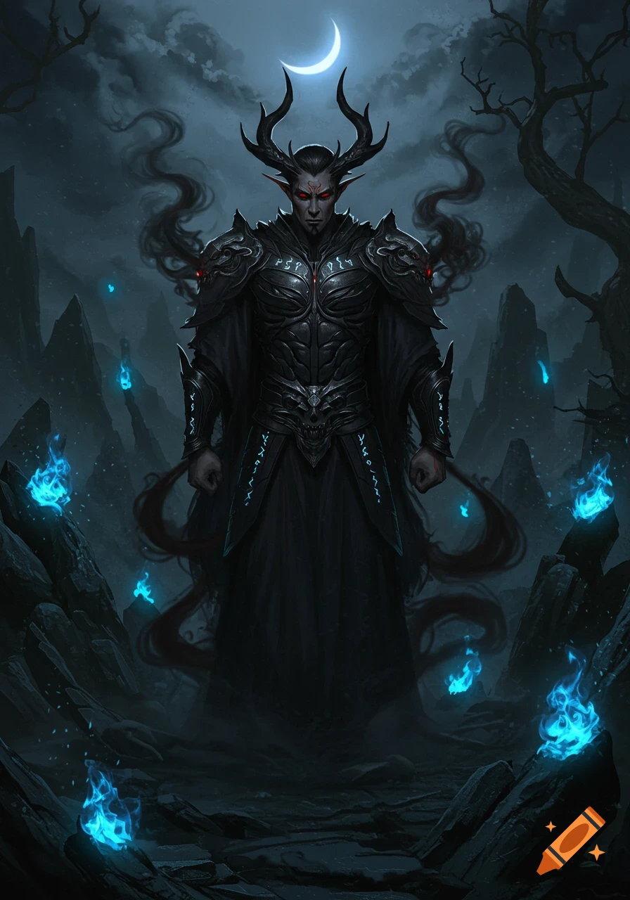 A full-body digital painting of a dark demon lord with horns and glowing red eyes, wearing elaborate black armor and robes, standing in a desolate, rocky landscape under a crescent moon, surrounded by ethereal blue flames.