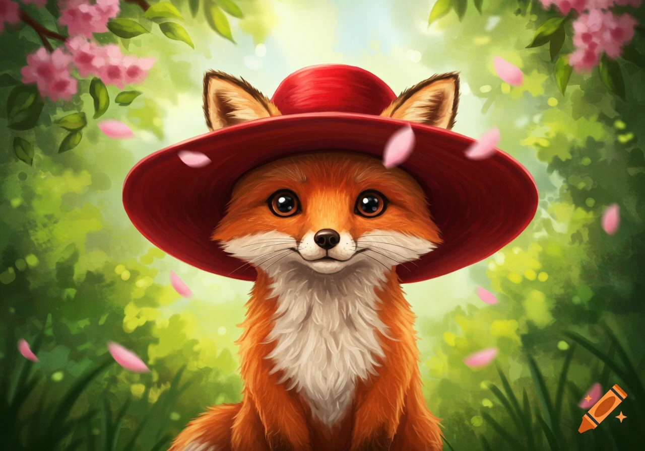A cute orange fox wearing a red hat smiles in a lush green forest with pink petals falling in an illustration.