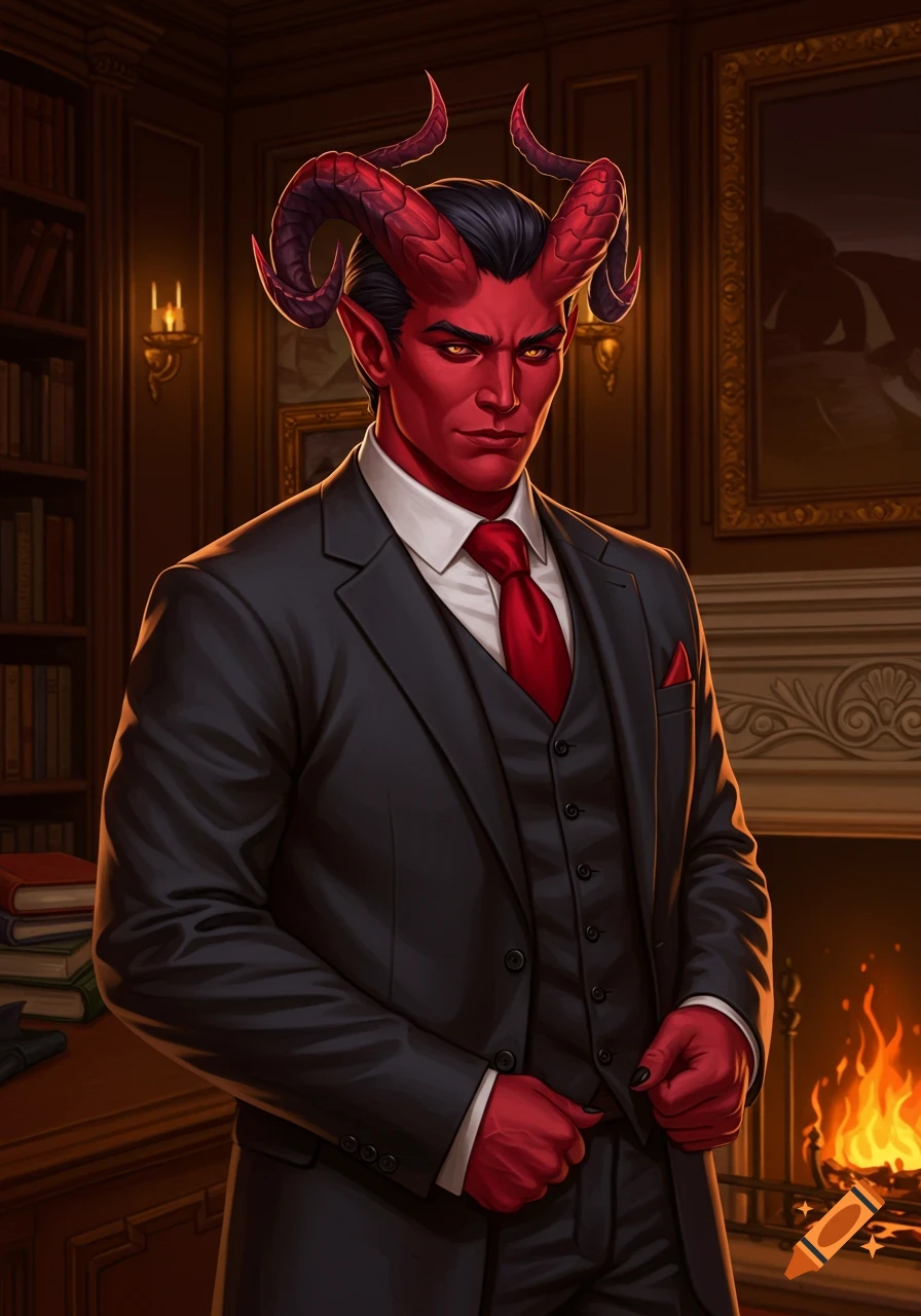 A red-skinned, horned tiefling man in a black suit with a red tie stands in an elegant library with a fireplace.