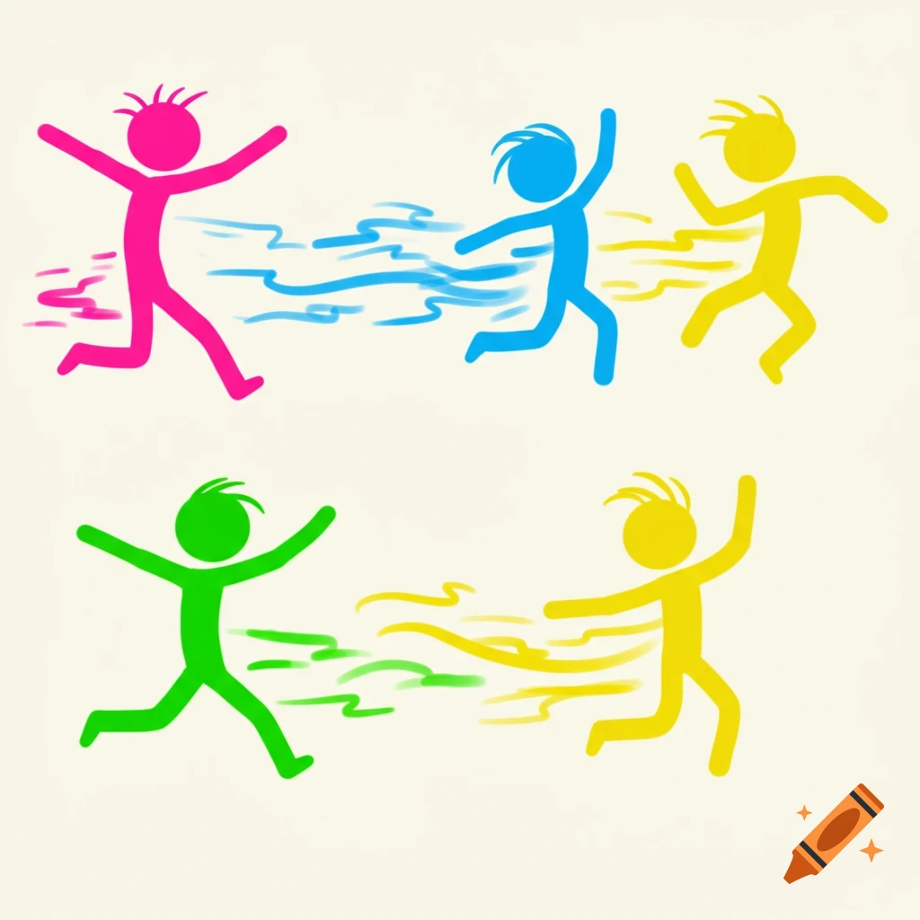 Four colorful stick figures running with speed lines on a white background, in a minimalist illustration style.
