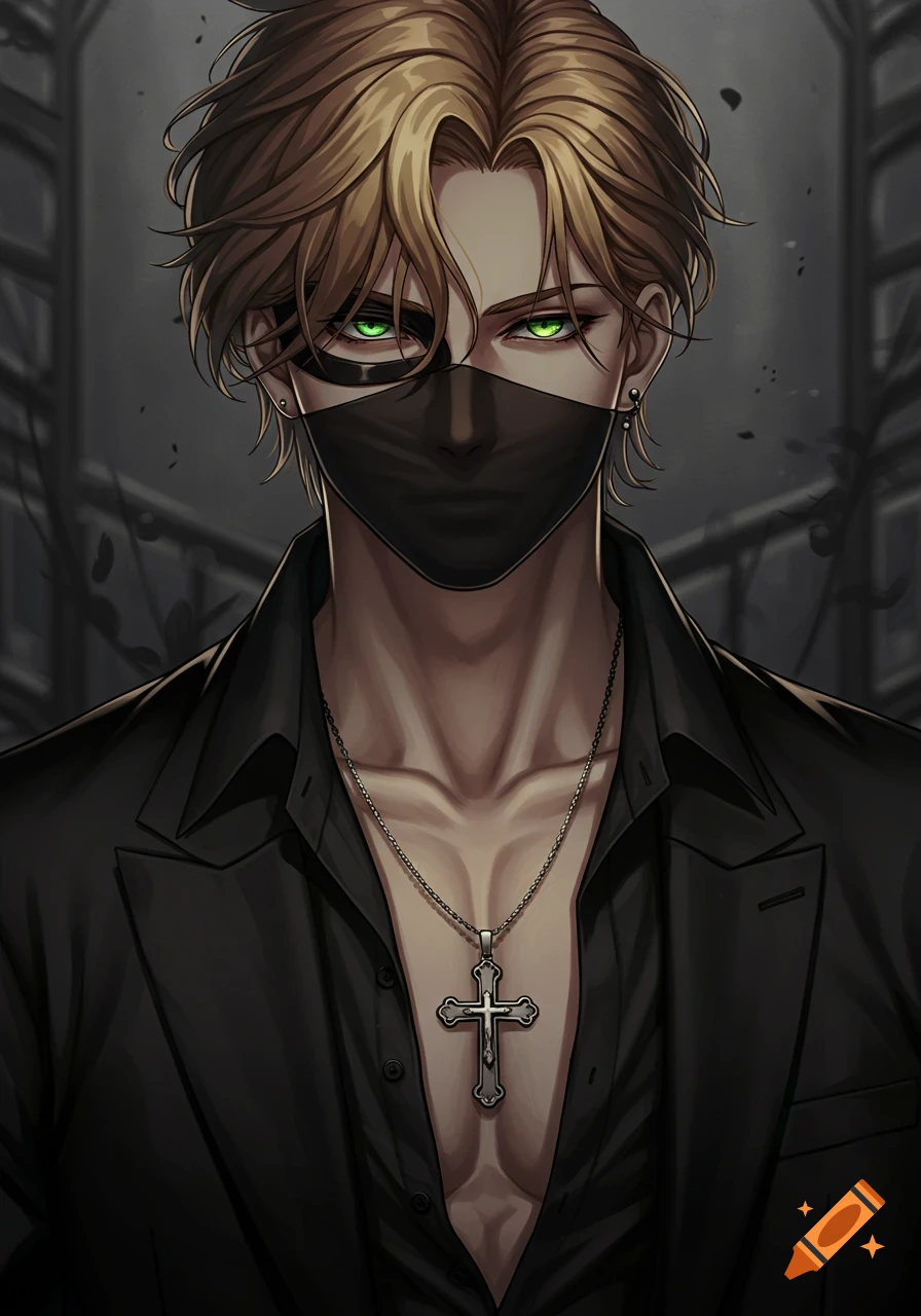 Anime illustration of a masked man with dark blonde hair and glowing green eyes, wearing a black unbuttoned shirt and a cross necklace.