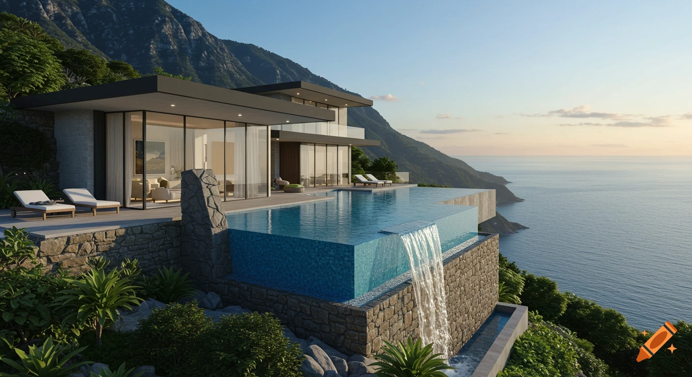 A modern luxury villa with an infinity pool and waterfall overlooking the sea and mountains.